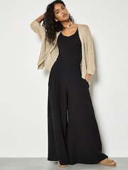 Apricot Black Textured Cotton Wide Leg Trousers - Image 1 of 4
