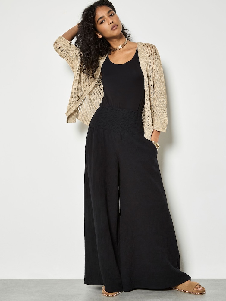 Apricot Black Textured Cotton Wide Leg Trousers - Image 1 of 4