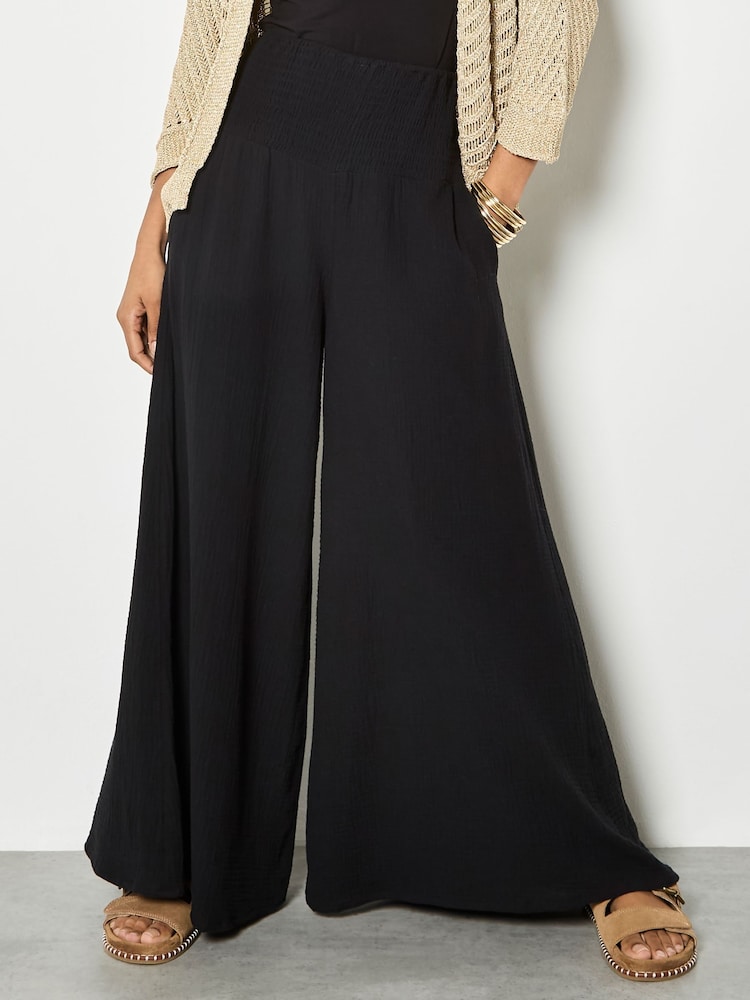 Apricot Black Textured Cotton Wide Leg Trousers - Image 2 of 4