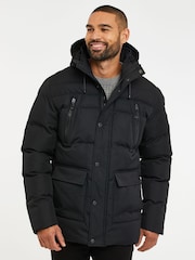 Threadbare Black Hooded Showerproof Puffer Coat - Image 1 of 4
