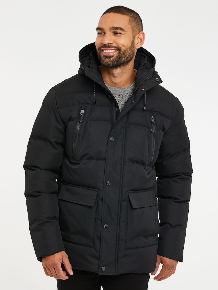 Threadbare Black Hooded Showerproof Puffer Coat - Image 1 of 4
