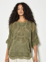 Apricot Green Cotton Blend Crochet Embroidered Top - Image 1 of 4