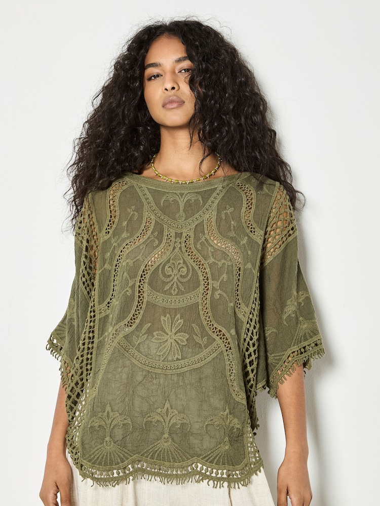 Apricot Green Cotton Blend Crochet Embroidered Top - Image 1 of 4