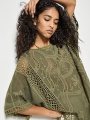 Apricot Green Cotton Blend Crochet Embroidered Top - Image 2 of 4