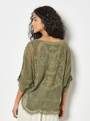 Apricot Green Cotton Blend Crochet Embroidered Top - Image 3 of 4