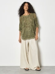 Apricot Green Cotton Blend Crochet Embroidered Top - Image 4 of 4