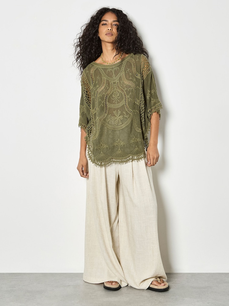 Apricot Green Cotton Blend Crochet Embroidered Top - Image 4 of 4