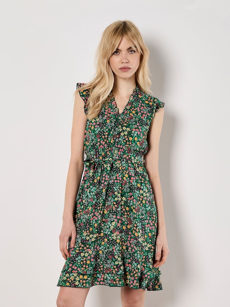 Apricot Green Ditsy Floral Ruffle Mini Dress - Image 1 of 4