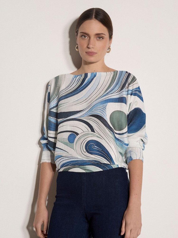 Apricot Blue Swirl Print Shimmer Knit Top - Image 1 of 4 Apricot Blue Swirl Print Shimmer Knit Top - Image 1 of 4