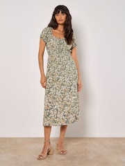 Apricot Green Watercolour Floral Milkmaid Midi Dress - Image 1 of 4