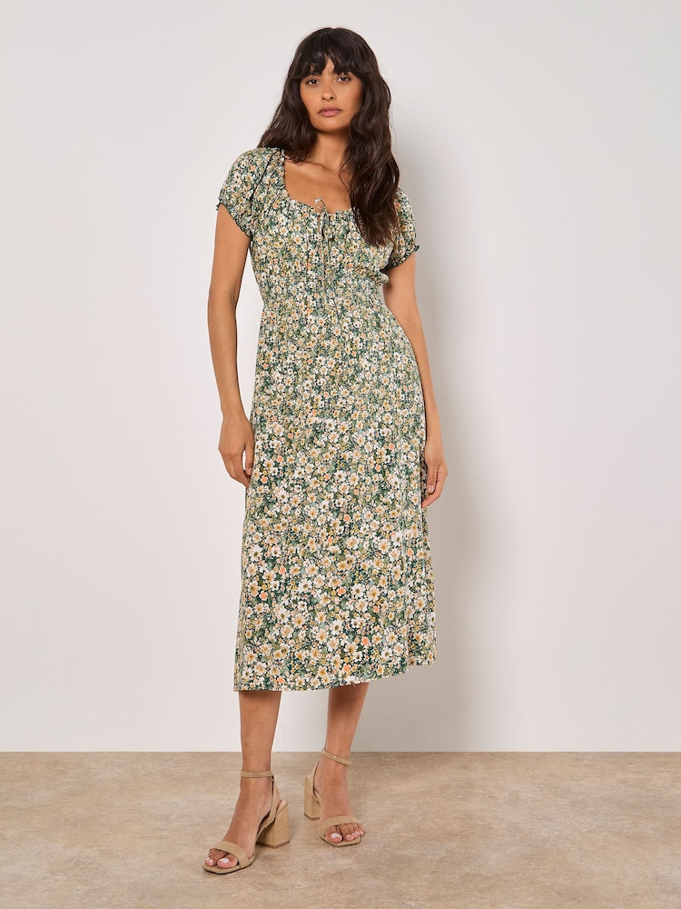 Apricot Green Watercolour Floral Milkmaid Midi Dress - Image 1 of 4