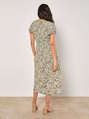Apricot Green Watercolour Floral Milkmaid Midi Dress - Image 3 of 4