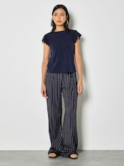 Apricot Blue Pinstripe Linen Blend Wide-Leg Trousers - Image 1 of 4
