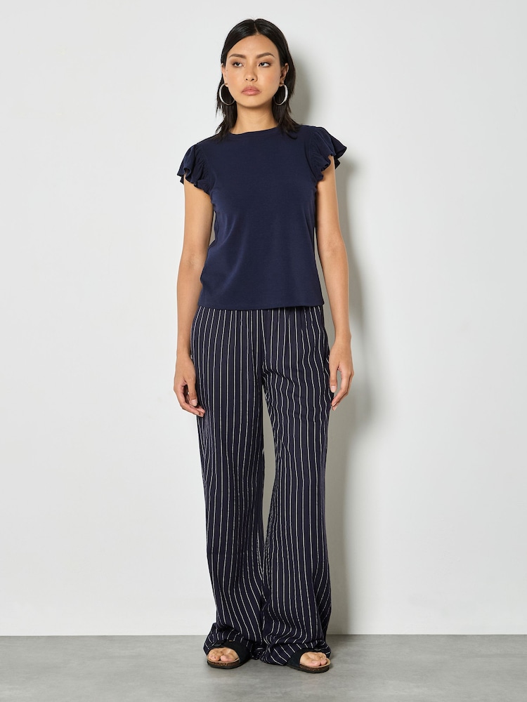 Apricot Blue Pinstripe Linen Blend Wide-Leg Trousers - Image 1 of 4