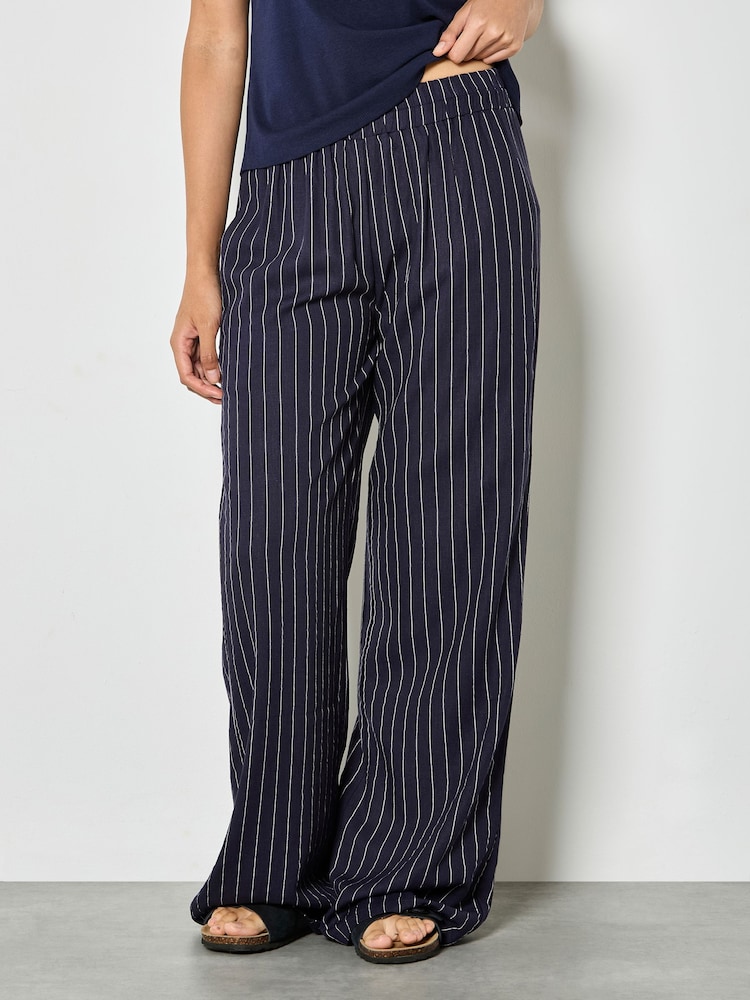 Apricot Blue Pinstripe Linen Blend Wide-Leg Trousers - Image 2 of 4