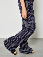Apricot Blue Pinstripe Linen Blend Wide-Leg Trousers - Image 3 of 4
