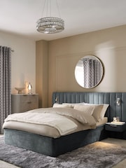 Plush Chenille Slate Blue Mayfair Upholstered Hotel Bed Frame with Ottoman Storage Bedside Tables and Lights - Image 1 of 6