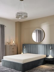 Plush Chenille Slate Blue Mayfair Upholstered Hotel Bed Frame with Ottoman Storage Bedside Tables and Lights - Image 5 of 6