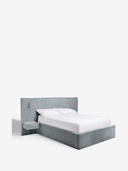 Plush Chenille Slate Blue Mayfair Upholstered Hotel Bed Frame with Ottoman Storage Bedside Tables and Lights - Image 6 of 6