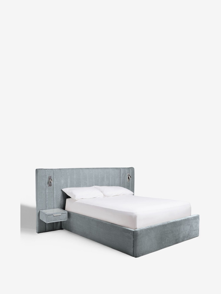 Plush Chenille Slate Blue Mayfair Upholstered Hotel Bed Frame with Ottoman Storage Bedside Tables and Lights - Image 6 of 6