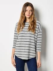 Apricot Grey Soft Touch Round Hem Stripe Top - Image 1 of 4