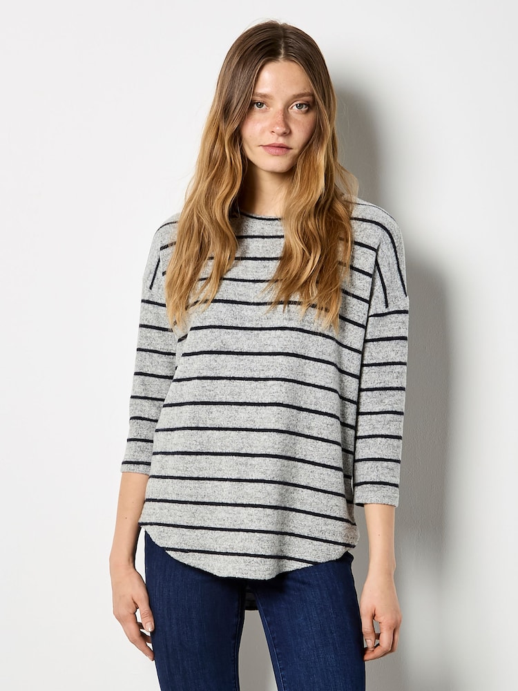 Apricot Grey Soft Touch Round Hem Stripe Top - Image 1 of 4