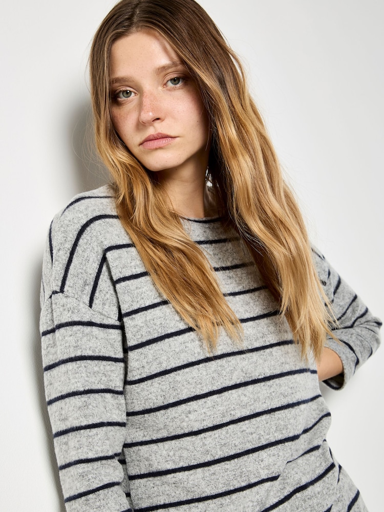 Apricot Grey Soft Touch Round Hem Stripe Top - Image 4 of 4