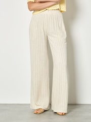 Apricot Natural Pinstripe Linen Blend Wide-Leg Trousers - Image 1 of 4