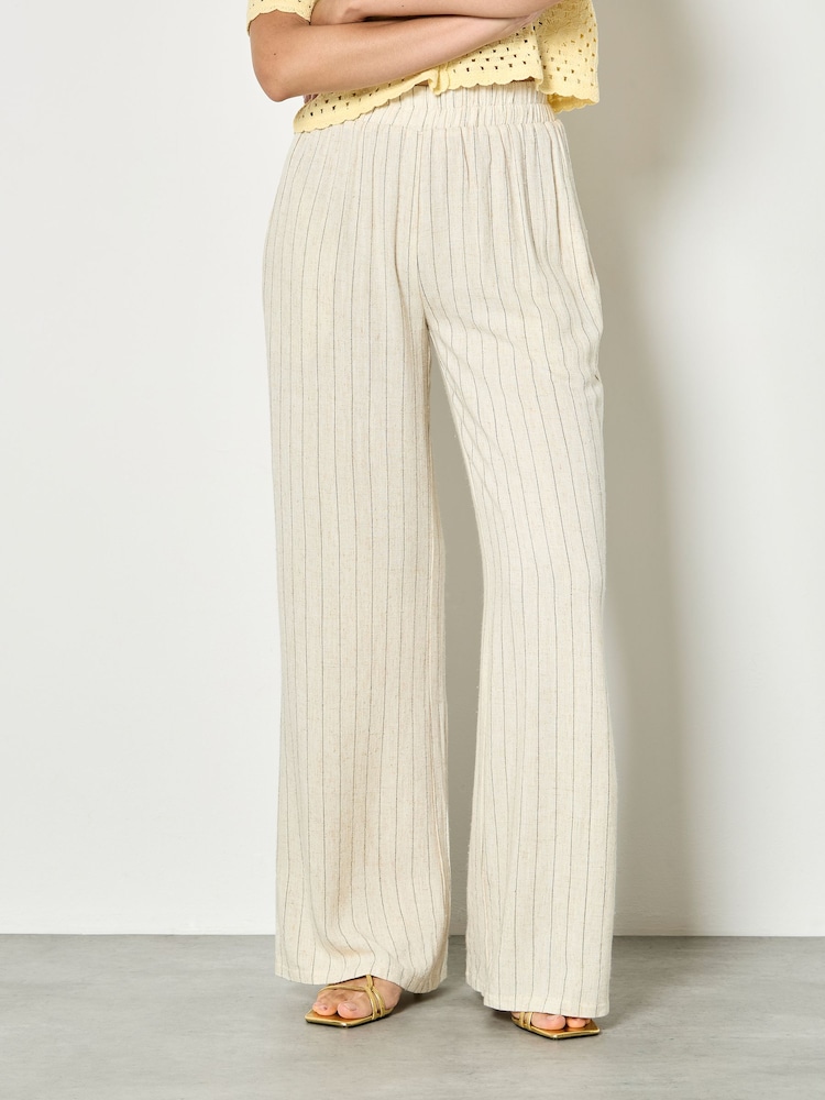 Apricot Natural Pinstripe Linen Blend Wide-Leg Trousers - Image 1 of 4