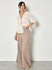 Apricot Brown Textured Cotton Wide Leg Trousers - Image 1 of 4