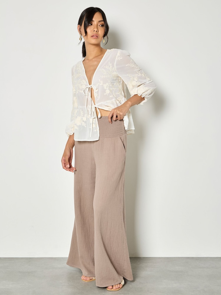 Apricot Brown Textured Cotton Wide Leg Trousers - Image 1 of 4