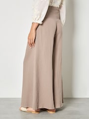 Apricot Brown Textured Cotton Wide Leg Trousers - Image 2 of 4