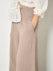 Apricot Brown Textured Cotton Wide Leg Trousers - Image 3 of 4