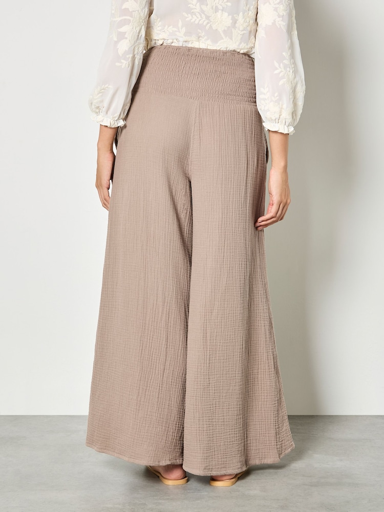Apricot Brown Textured Cotton Wide Leg Trousers - Image 4 of 4