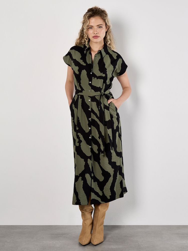 Verde - Apricot Zebra Print Shirt Midi Dress - Imagen 1 de 4