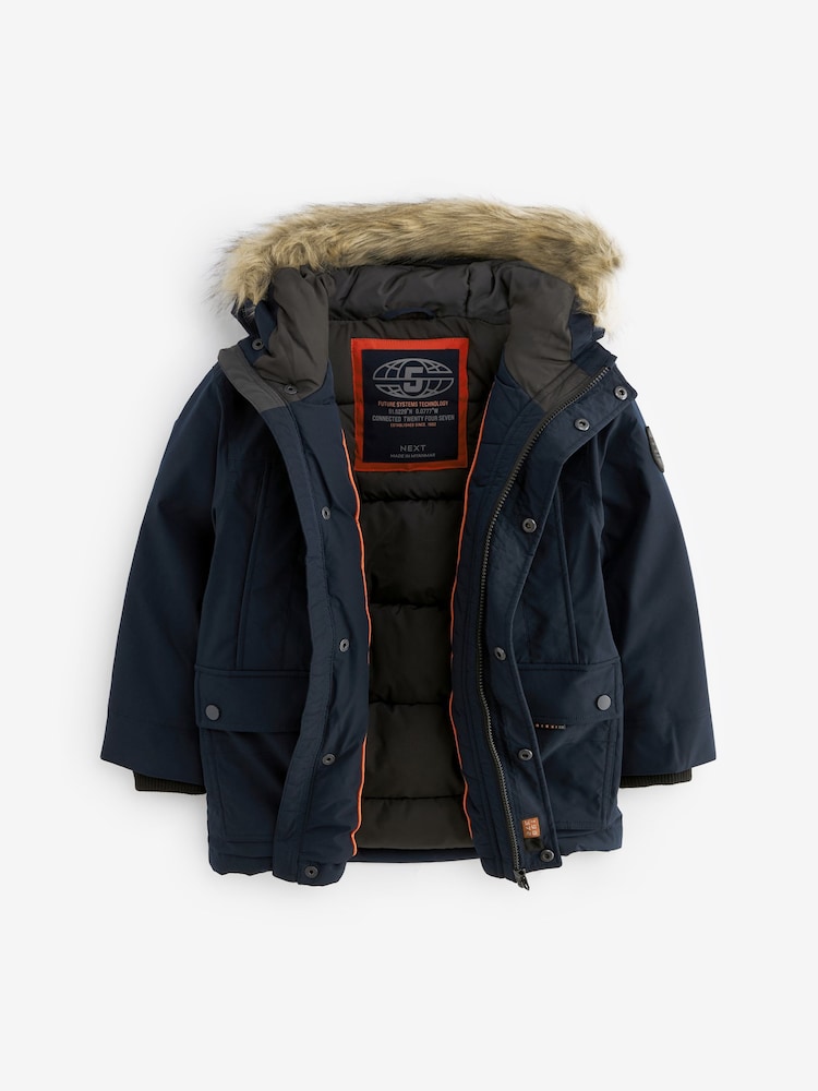 Faux Fur Trimmed Blue Parka Coat With Fur Hood Navy Blue Faux Fur