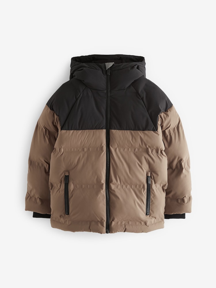Tan Brown Regular Fabric Fleece Lined Hooded Padded Puffer Jacket (3-16yrs) - Image 1 of 5