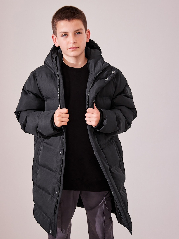 Black Waterproof Longline Fleece Lined Puffer Coat (3-17yrs) - Image 1 of 12