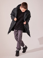 Black Waterproof Longline Fleece Lined Puffer Coat (3-17yrs) - Image 2 of 12