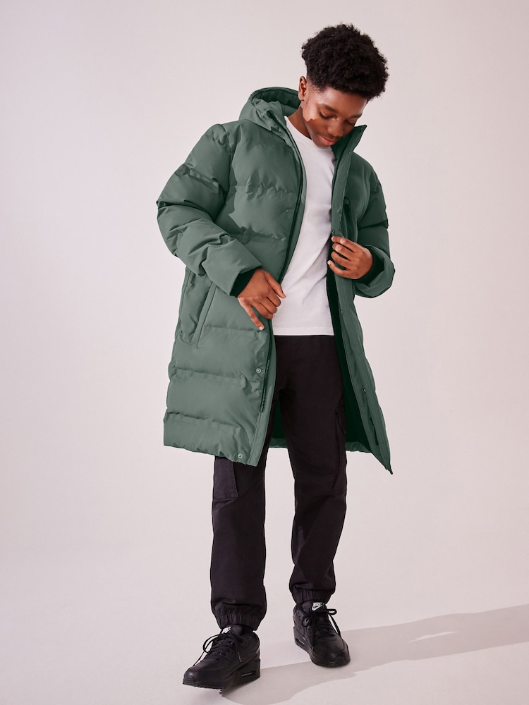 Sage Green Waterproof Longline Fleece Lined Puffer Coat (3-17yrs) - Image 2 of 15