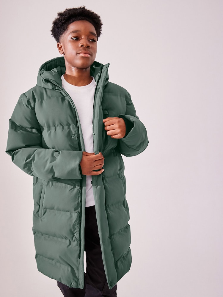 Sage Green Waterproof Longline Fleece Lined Puffer Coat (3-17yrs) - Image 6 of 15