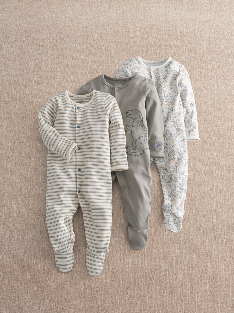 Mamas & Papas Green Born to Roar Sleepsuits Pack of 3 - Image 1 of 3 Mamas & Papas Green Born to Roar Sleepsuits Pack of 3 - Image 1 of 3