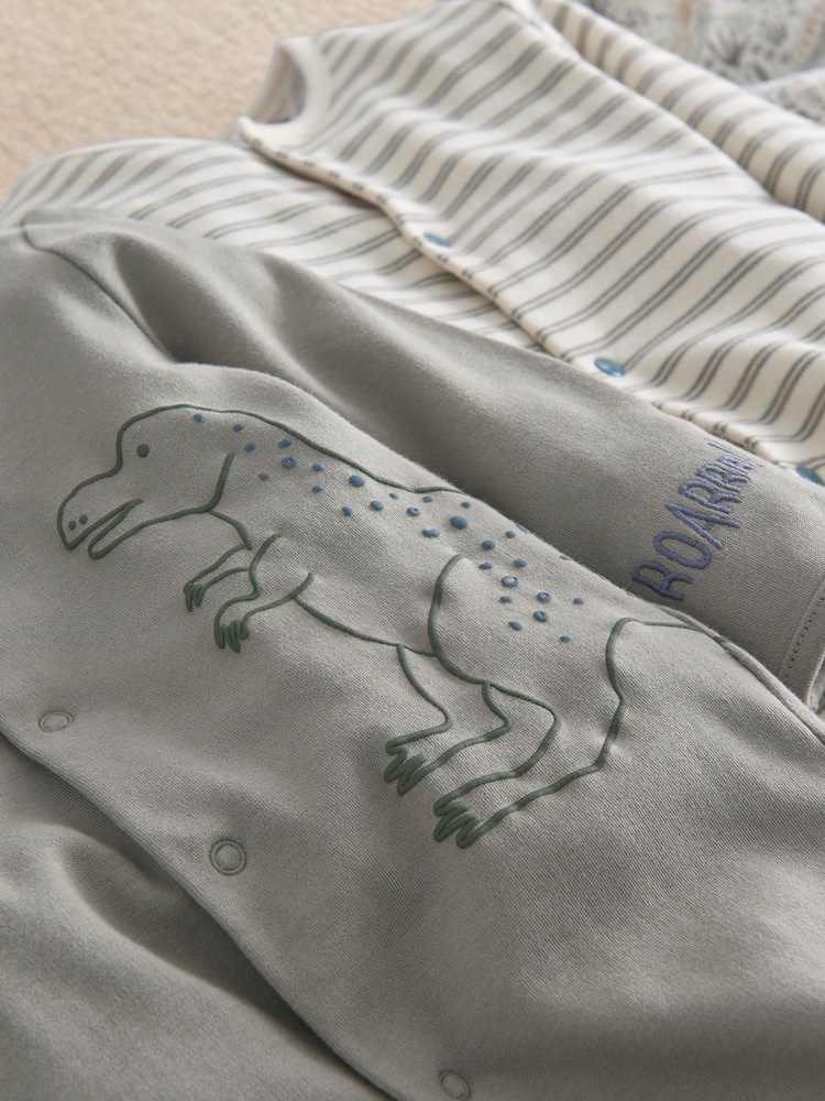 Mamas & Papas Green Born to Roar Sleepsuits Pack of 3 - Image 2 of 3 Mamas & Papas Green Born to Roar Sleepsuits Pack of 3 - Image 2 of 3