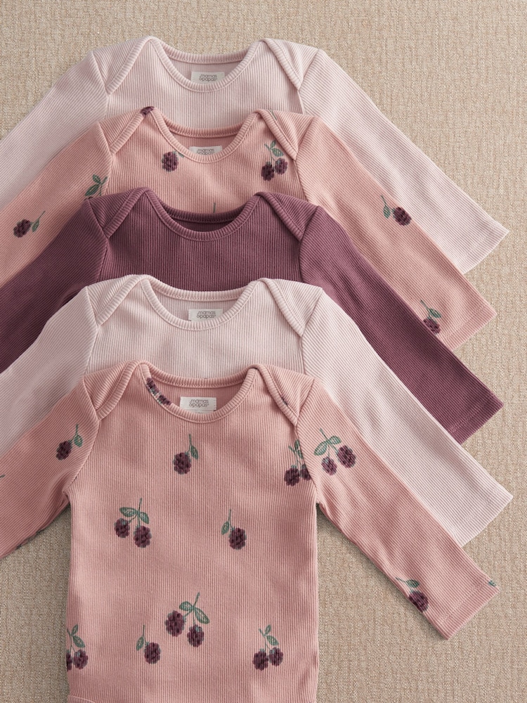 Mamas & Papas Pink Bramble Long Sleeve Bodysuits Pack of 5 - Image 2 of 3 Mamas & Papas Pink Bramble Long Sleeve Bodysuits Pack of 5 - Image 2 of 3
