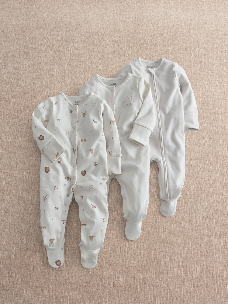 Mamas & Papas White Horoscope Sleepsuits Pack of 3 - Image 1 of 3 Mamas & Papas White Horoscope Sleepsuits Pack of 3 - Image 1 of 3