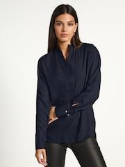 Navy Blue Long Sleeve Overhead V-Neck Relaxed Fit Blouse - Image 1 of 6