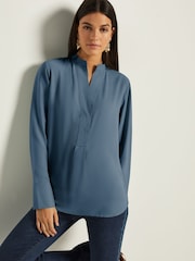 Blue Long Sleeve Overhead V-Neck Relaxed Fit Blouse - Image 1 of 6