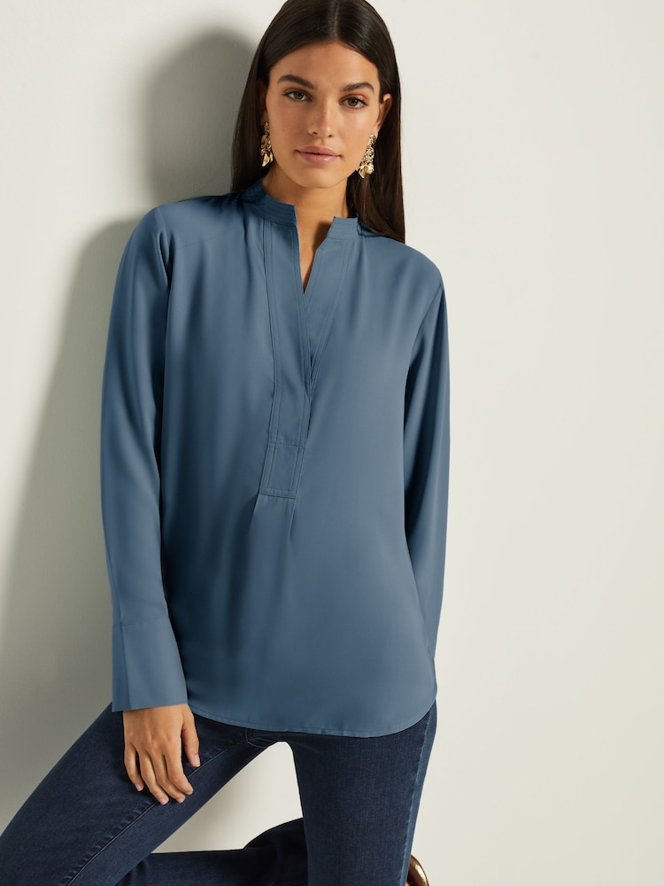 Blue Long Sleeve Overhead V-Neck Relaxed Fit Blouse - Image 1 of 6