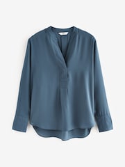 Blue Long Sleeve Overhead V-Neck Relaxed Fit Blouse - Image 5 of 6