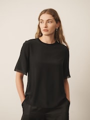 CERENE Lilian Black Silk Mesh Trim T-Shirt - Image 1 of 11
